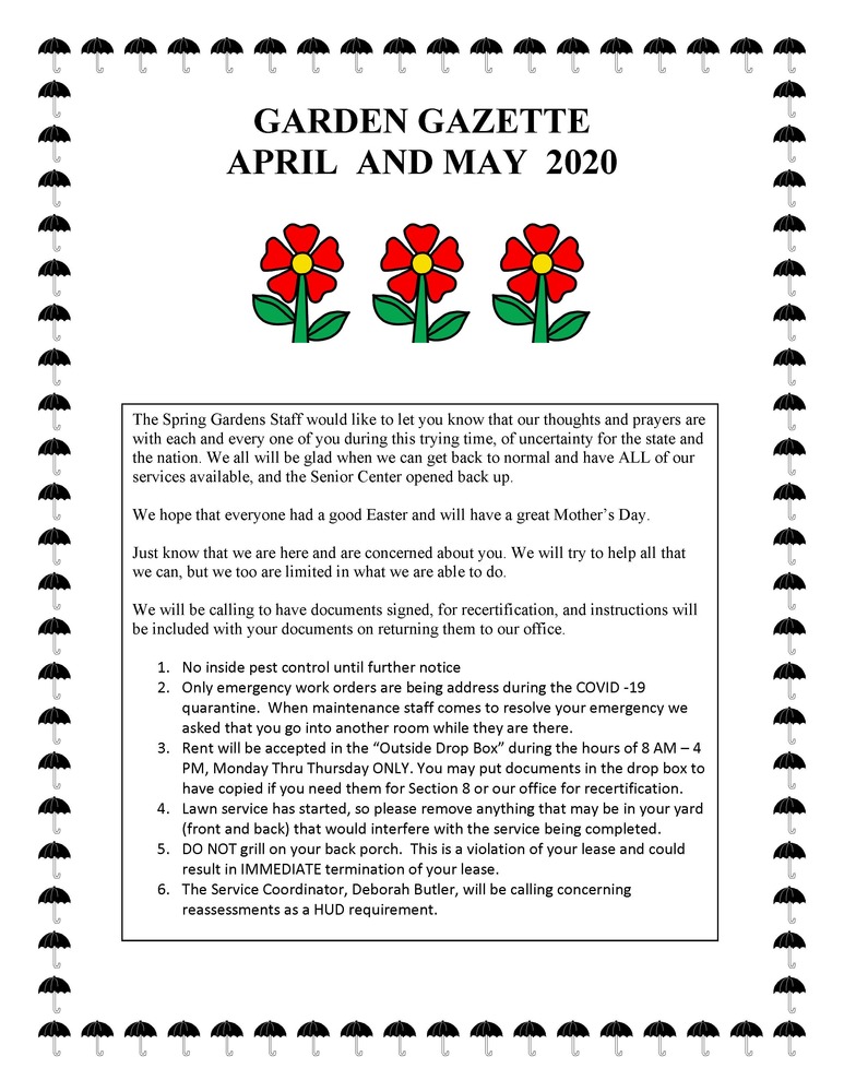 Garden Gazette Newsletter April and May 2020. All information as listed below
