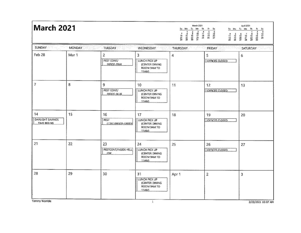 MARCH 2021 resident calendar