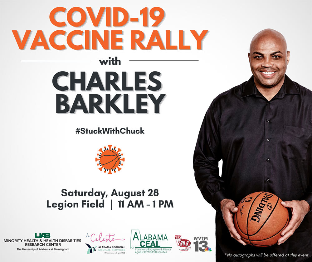 COVID Vaccine Rally with Charles Barkley Flyer all info as text below