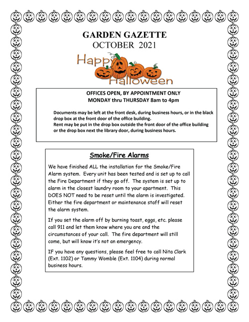 Formatted Garden Gazzette October 2021 newsletter. All information as listed below.