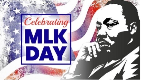 American Flag waving in background with illustration of Martin Luther King Jr. - Celebrating MLK Day