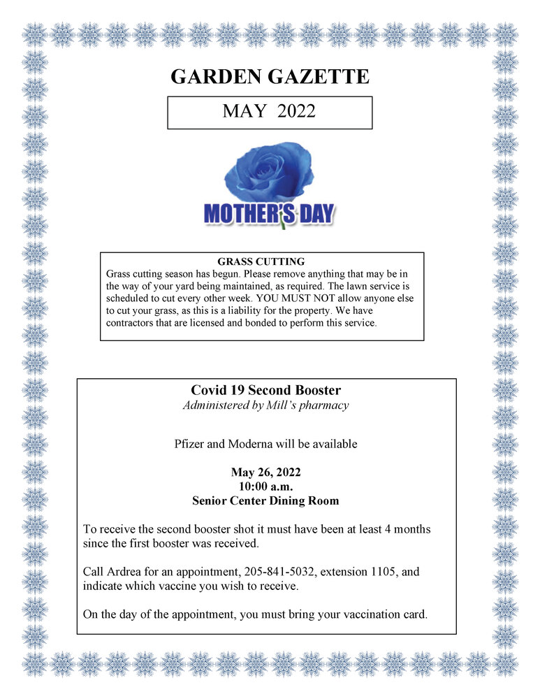 May 2022 Garden Gazette Newsletter first page, which includes all information as listed below. 