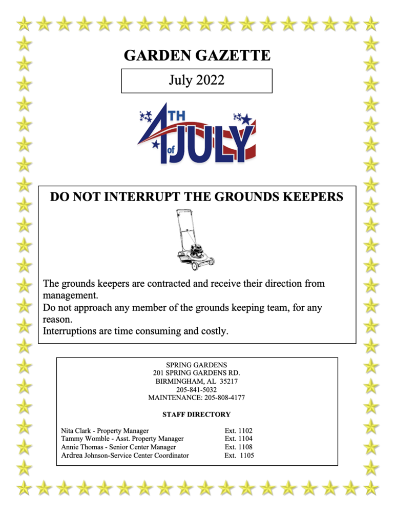 July 2022 Garden Gazette Newsletter. All information as listed below.