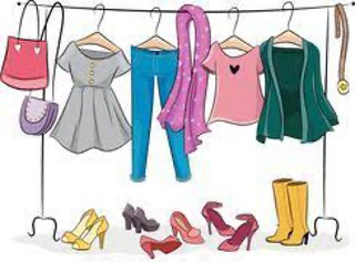 Clothes and hand bags hanging on a clothing line, shoes are lined up underneath the clothes rack.