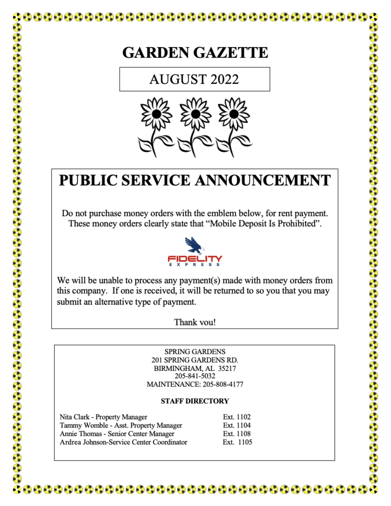 August 2022 Garden Gazette Newsletter. All information as listed below.