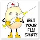 A cute cartoon drawing holding a needle. Get Your Flu Shot!