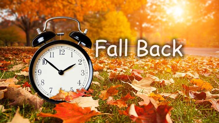 Fall Back. An alarm clock is sitting on a lawn of fallen leaves. 