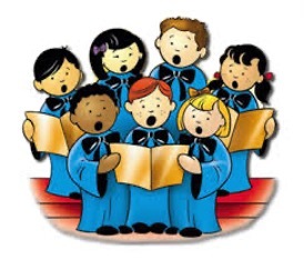 A group of boys and girls are wearing choir robes and singing from books.