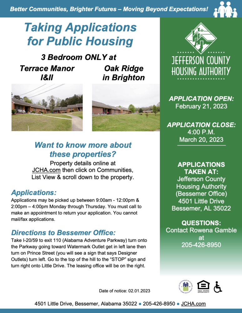 Bessemer Public Housing Flyer, all information as listed below.