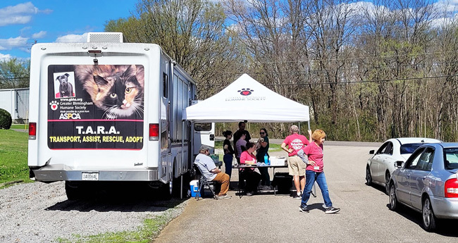 An RV parked by a canopy with individuals standing underneath it.