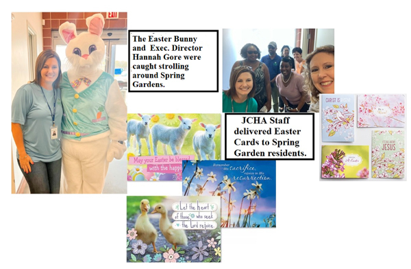 Easter Flyer with various Easter greeting cards and staff photos, all information is listed above.