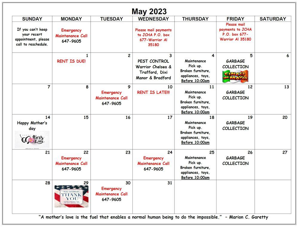 Warrior's May 2023 Calendar, all info also below