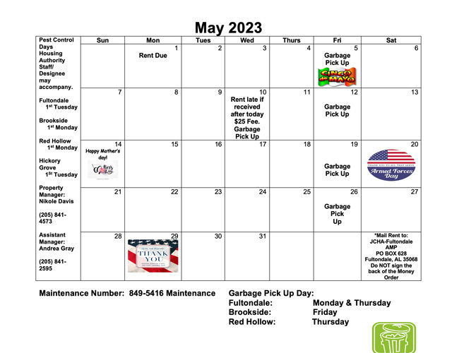Fultondale's May 2023 Calendar, all info also below