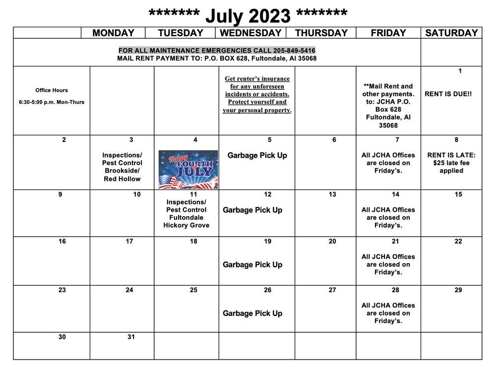 July 2023 Fultondale Calendar, all information as listed below.