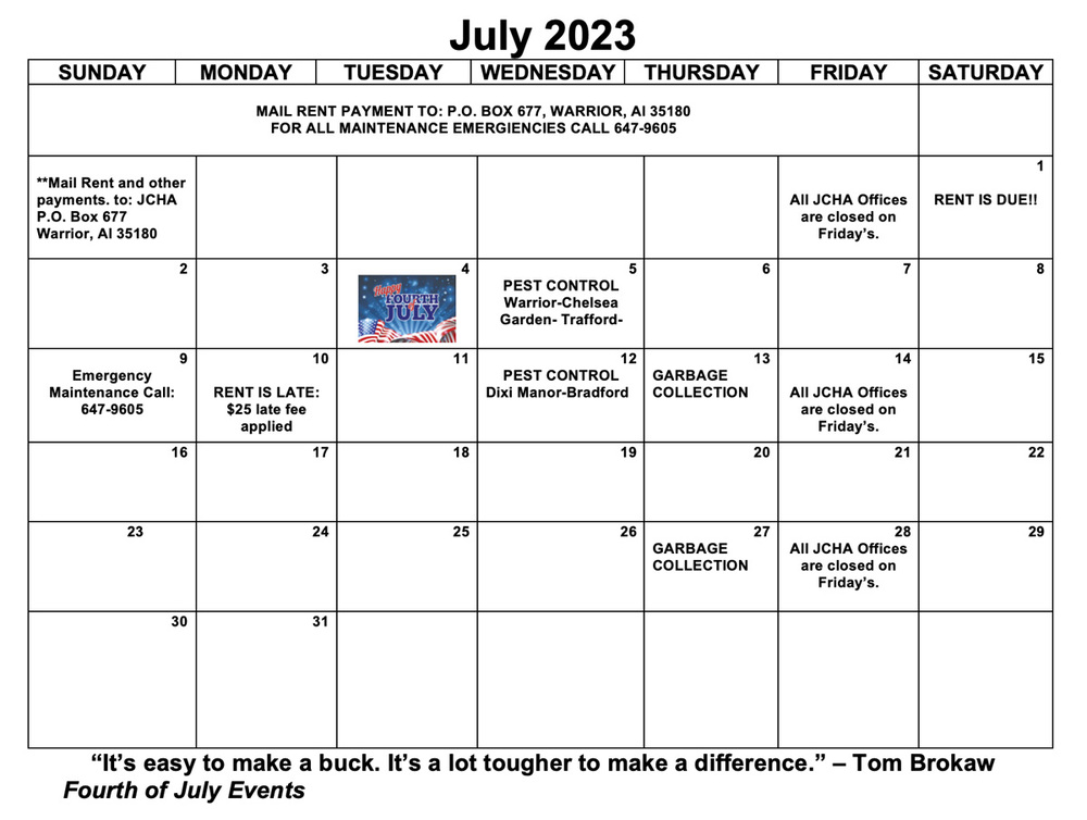 July 2023 Warrior Calendar, all information as listed below.