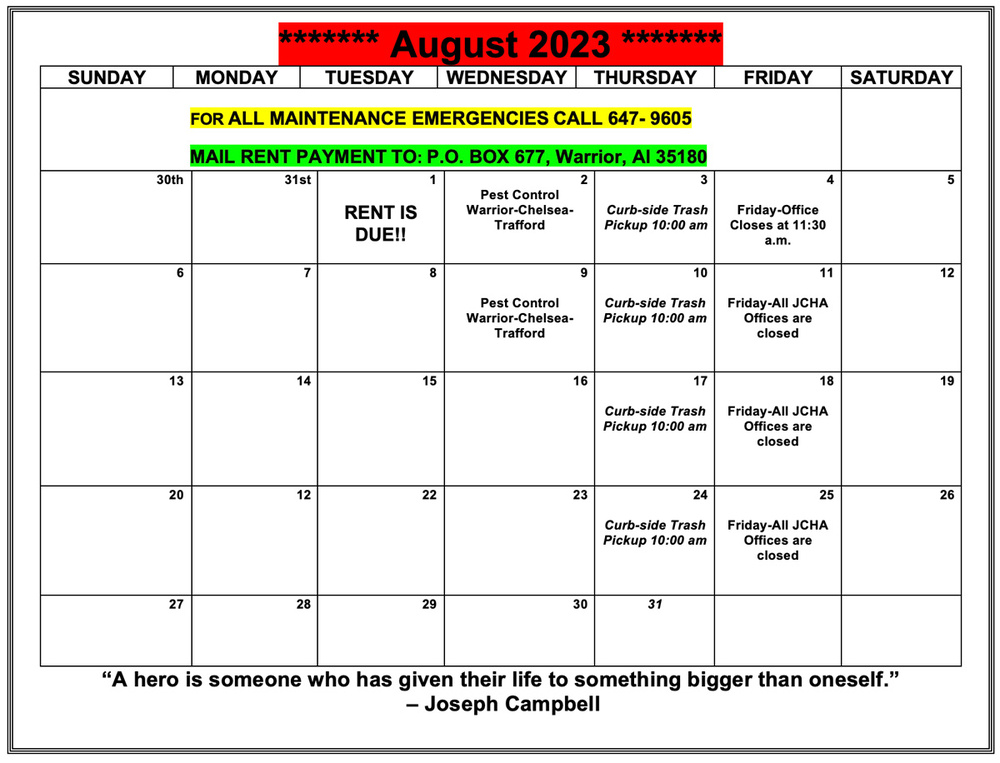 August 2023 Warrior Calendar, all information as listed below.