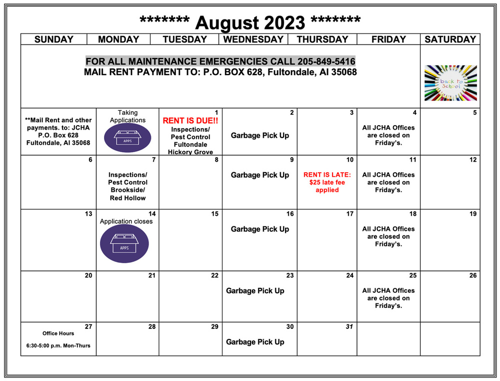 August 2023 Fultondale Calendar, all information as listed below.