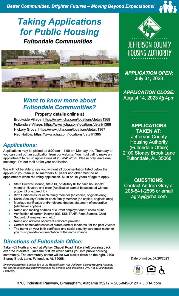 Fultondale Public Housing application flyer, all information as listed below.