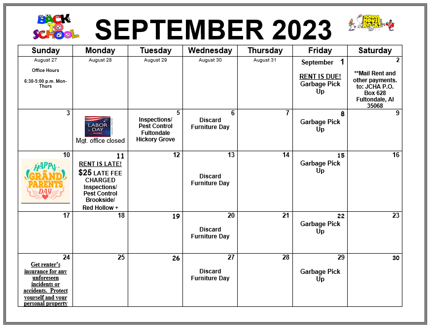September 2023 Fultondale Calendar, all information as listed below as live text
