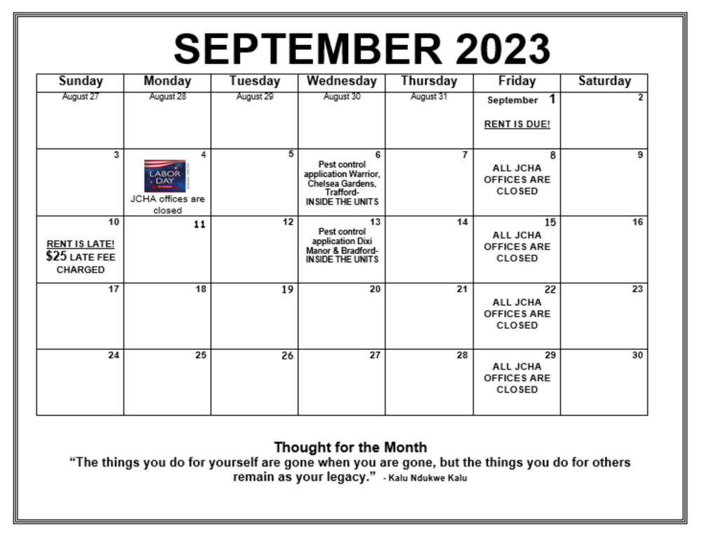 September 2023 Warrior Calendar, all information as listed below