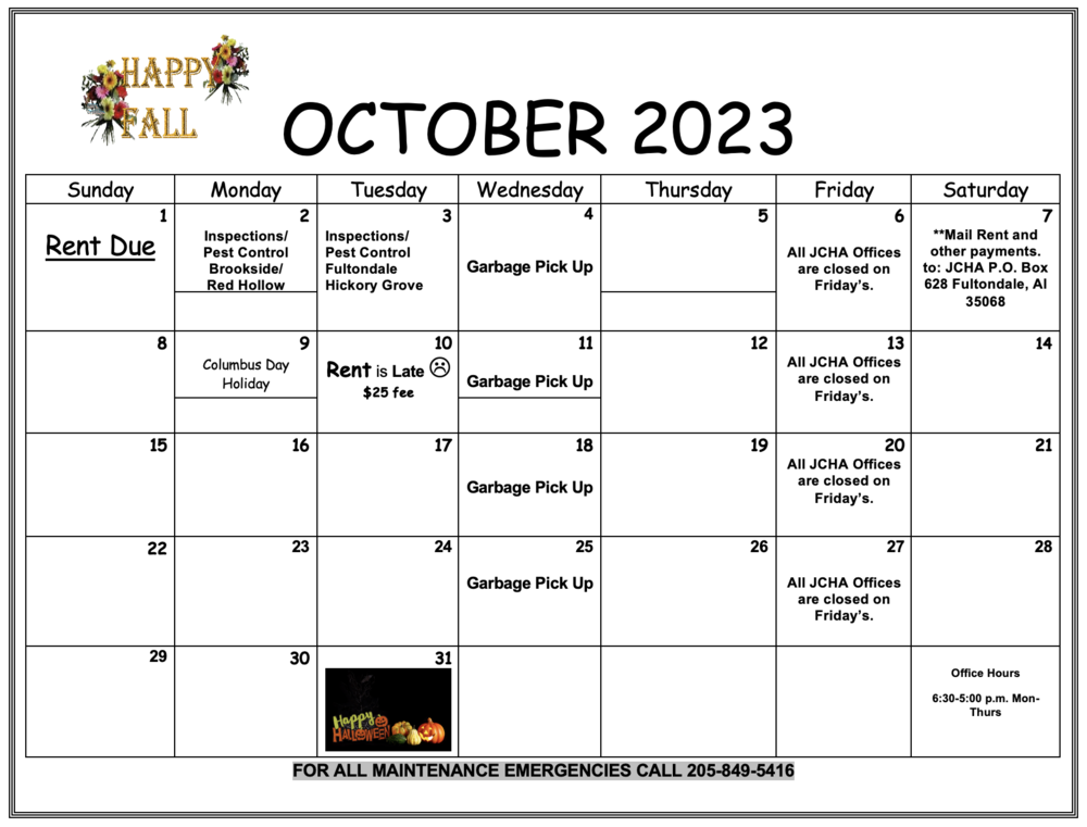 October 2023 Fultondale calendar, all information as listed below.