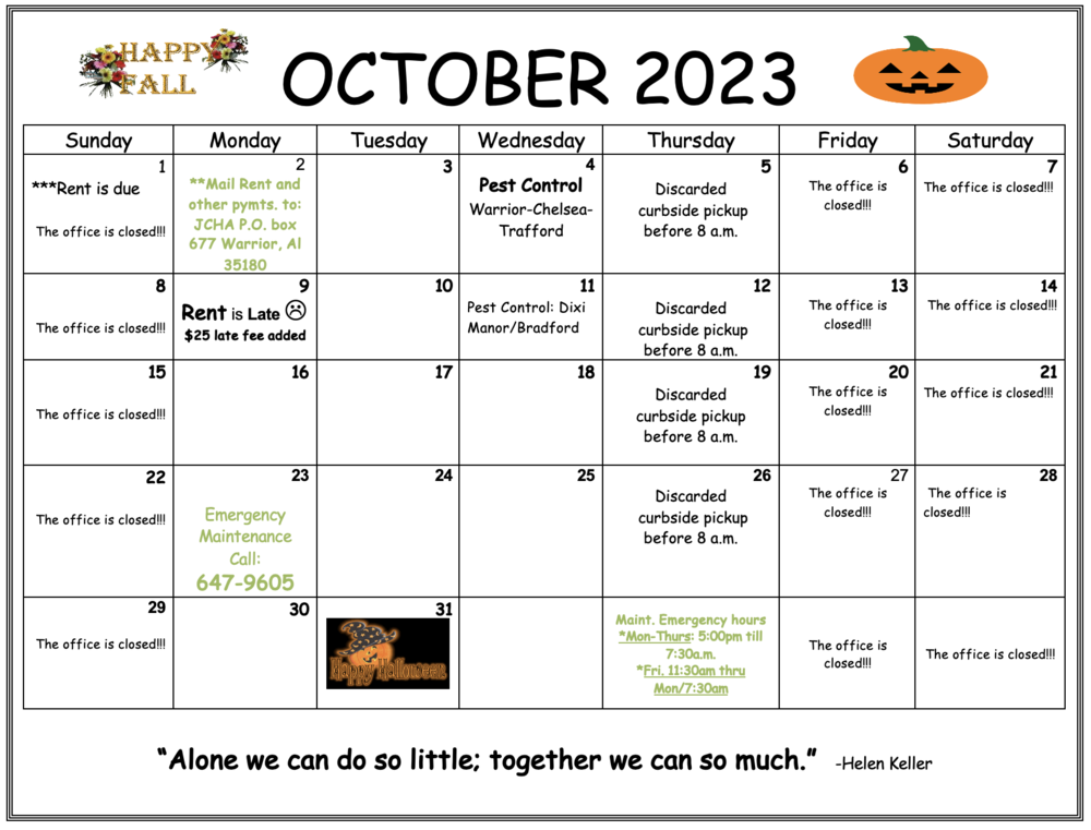 October 2023 Warrior calendar, all information as listed below.