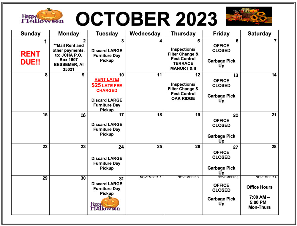 October 2023 Bessemer calendar, all information as listed below.