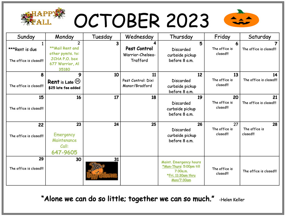 October 2023 Warrior calendar, click here for full calendar information.
