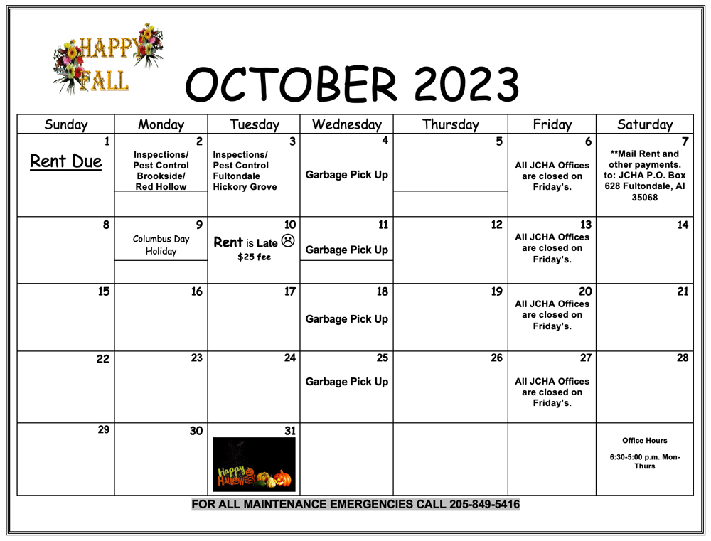 October 2023 Fultondale calendar, click here for the full calendar information.