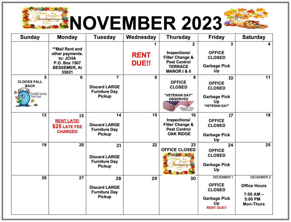 November 2023 Bessemer calendar, click here for full calendar information.