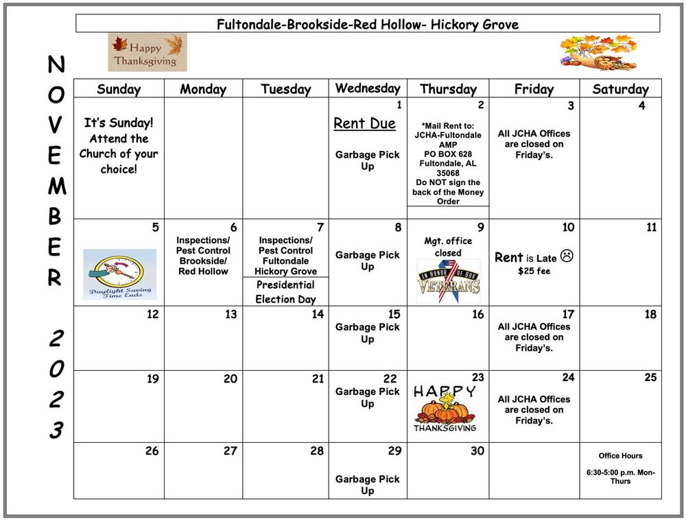 November 2023 Fultondale calendar, click here for the full calendar information.