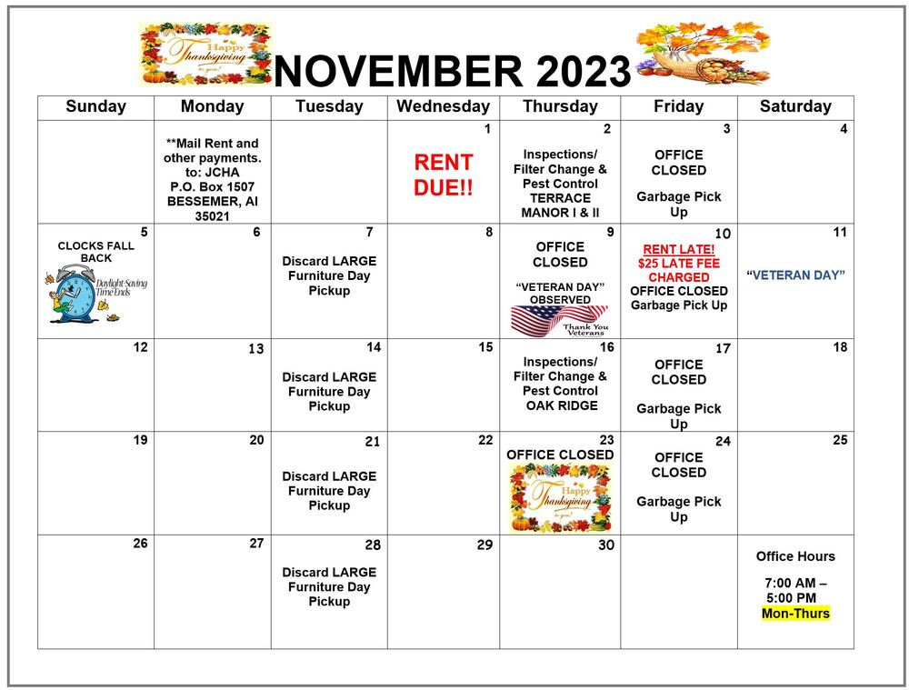 November 2023 Bessemer calendar, all information as listed below.