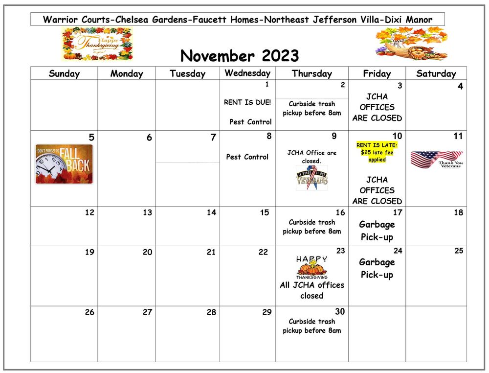 November 2023 Warrior calendar, all information as listed below.