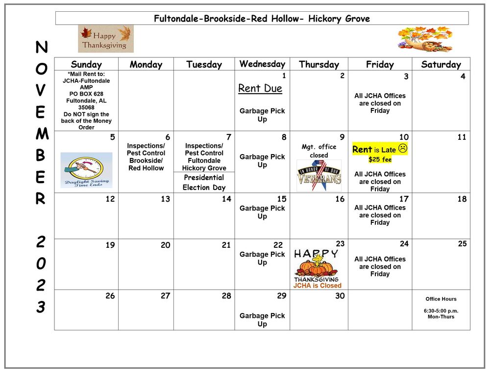 November 2023 Fultondale calendar, all information as listed below.