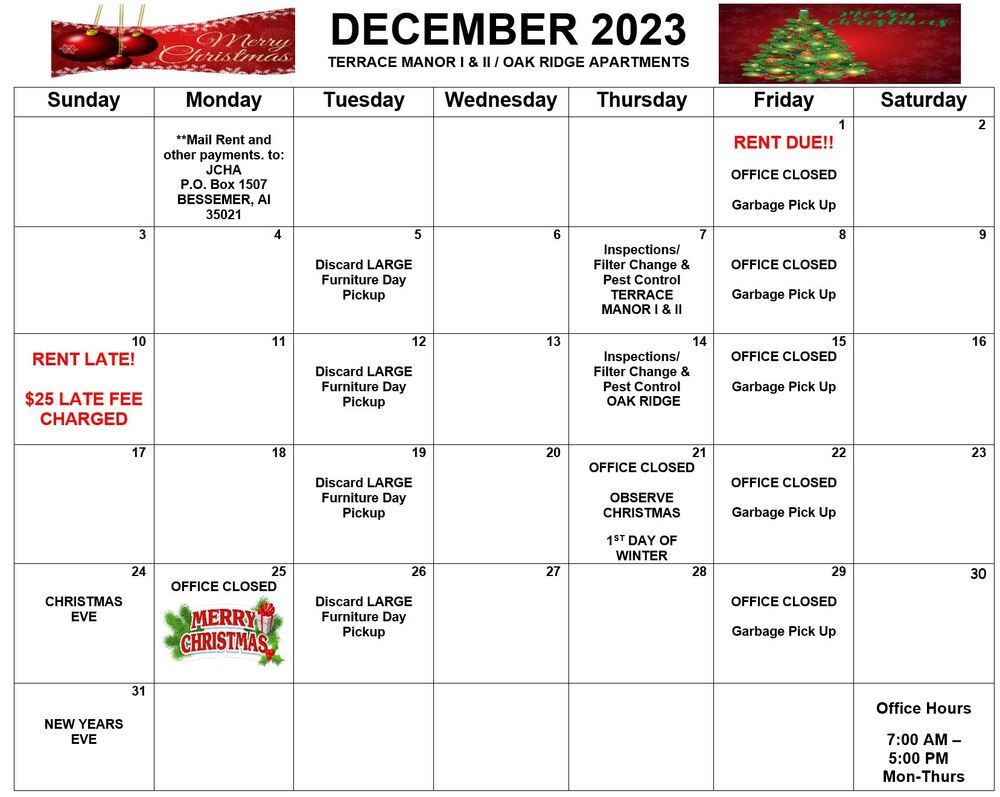 December 2023 Bessemer calendar, all information as listed below.