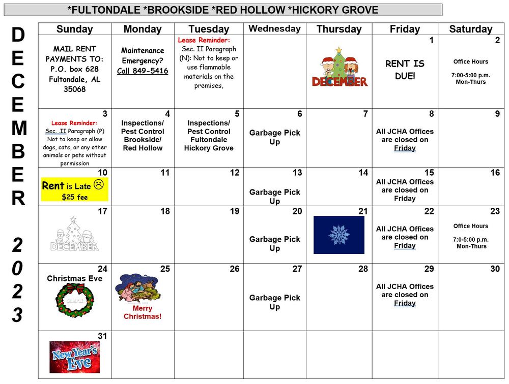 December 2023 Fultondale calendar, all information as listed below.