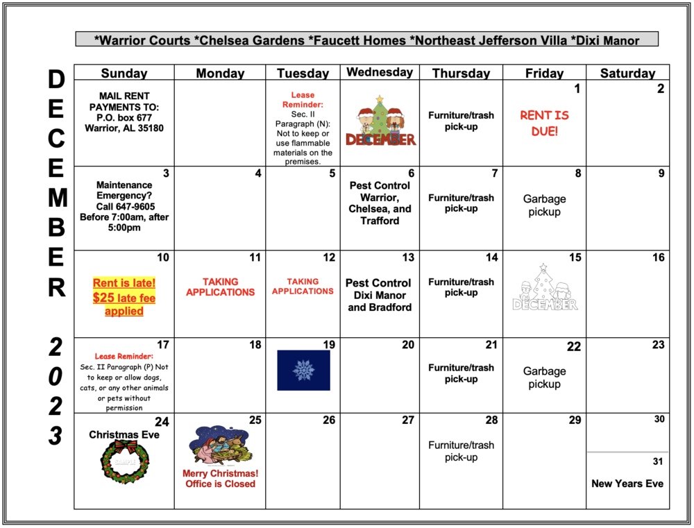 December 2023 Warrior Calendar, all information as listed below.