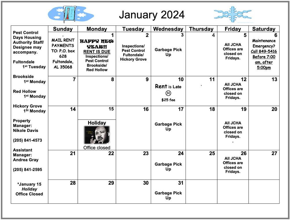 January 2024 Fultondale calendar, all information as listed below.