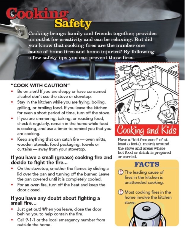 Cooking safety flyer, all information as listed below.