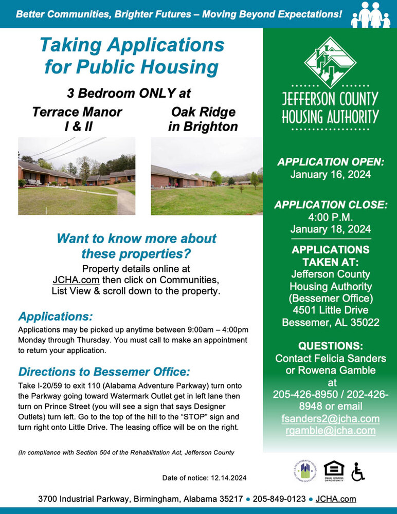 Public Housing Taking Applications Flyer, all information as listed below.