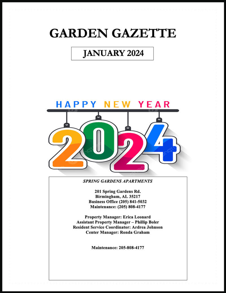 January 2024 Garden Gazette Newsletter, all information as listed below.