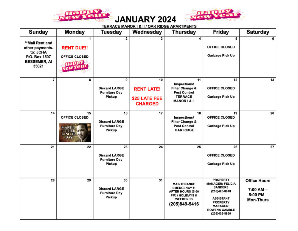 January 2024 Bessemer calendar, all information as listed below.
