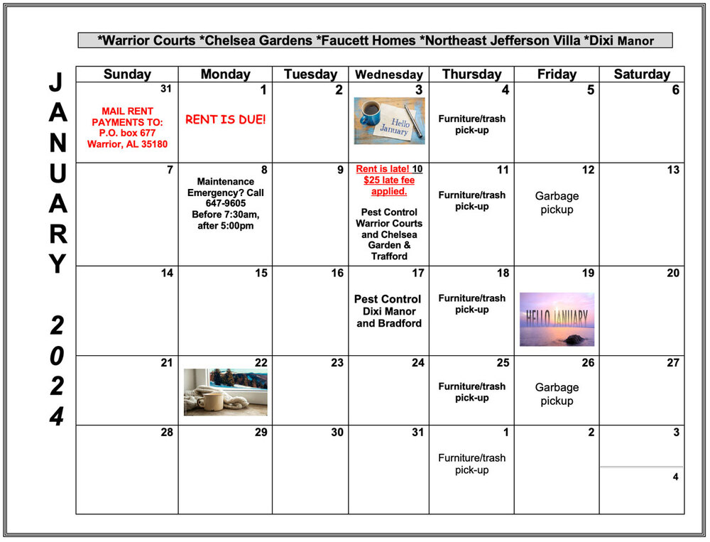 January 2024 Warrior Calendar, all information as listed below.