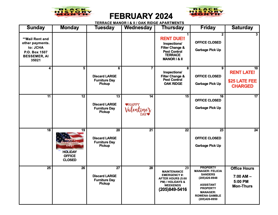 February 2024 Bessemer calendar, all information as listed below.