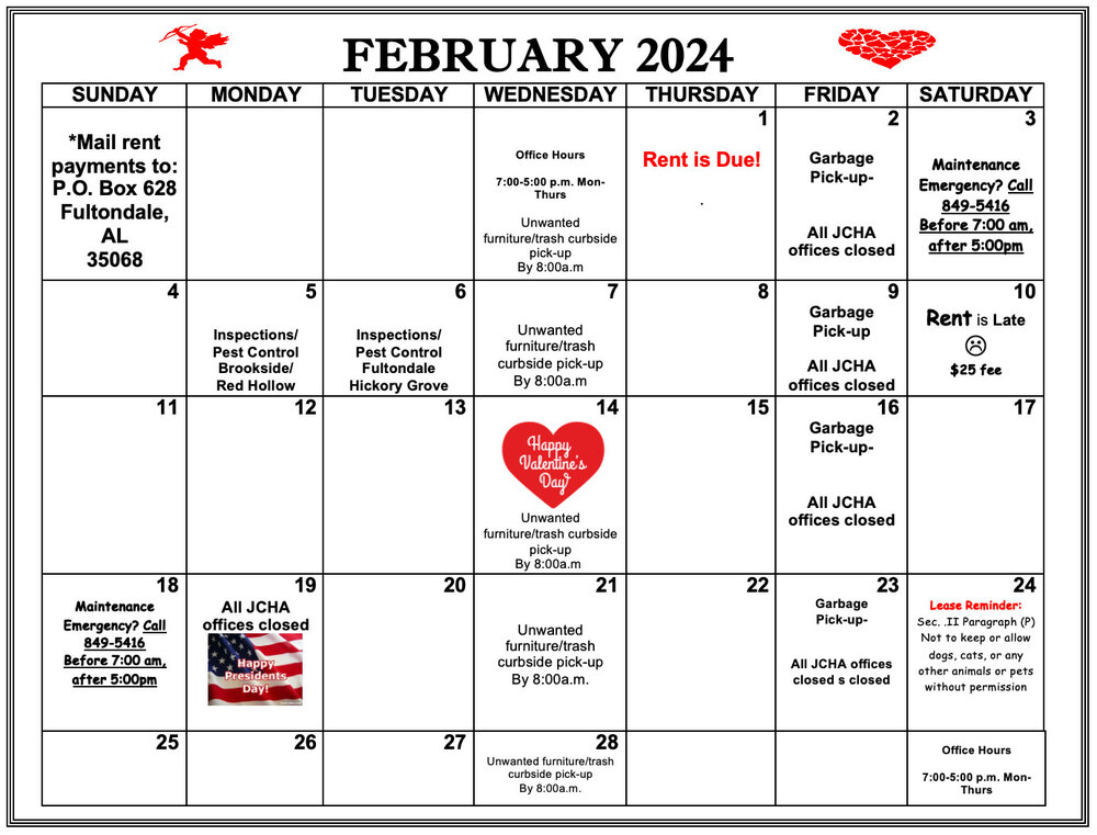 February 2024 Fultondale calendar, all information as listed below.