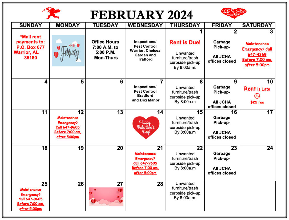 February 2024 Warrior Calendar, all information as listed below.