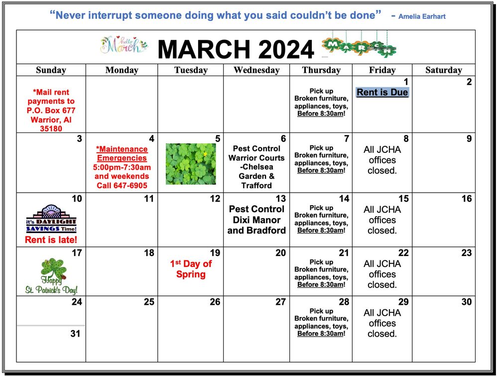 March 2024 Warrior Calendar, all information as listed below.