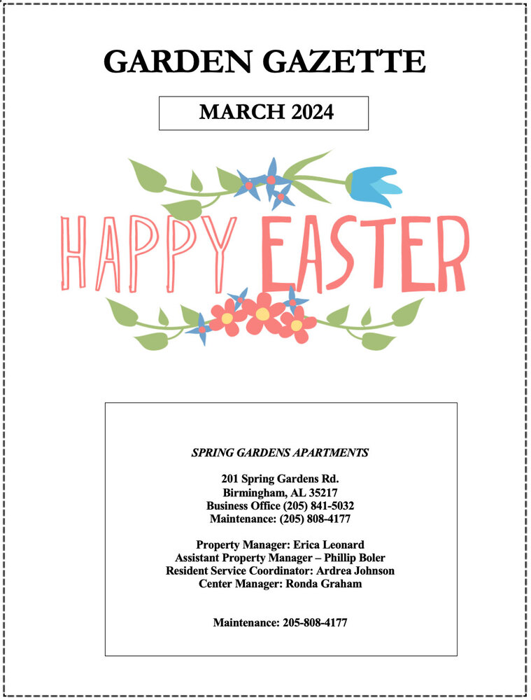 March 2024 Garden Gazette Newsletter, all information as listed below.
