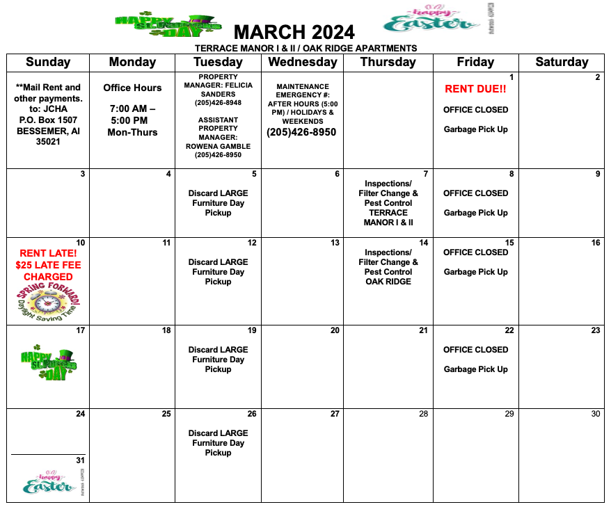 March 2024 Bessemer calendar, all information as listed below.