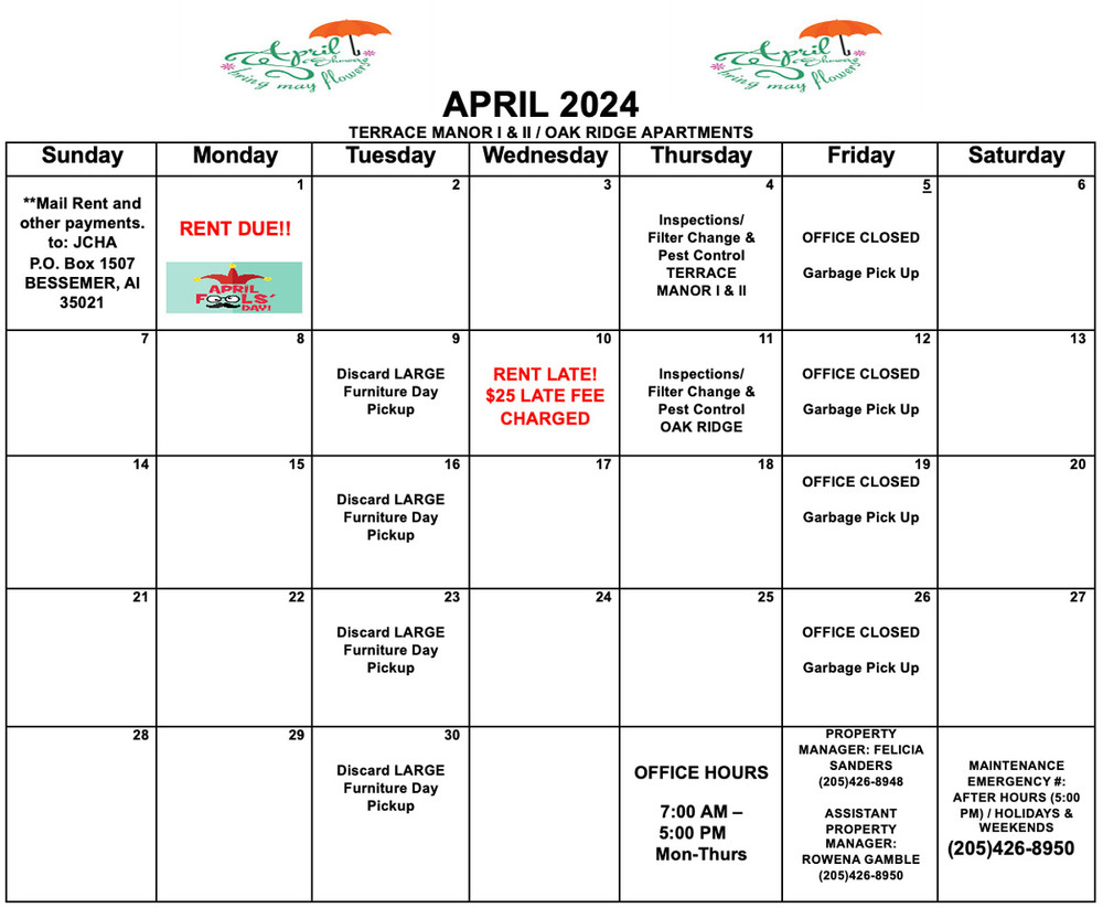 April 2024 Bessemer calendar, all information as listed below.